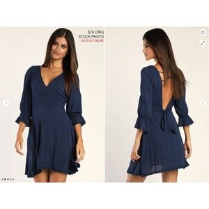 NWT Lulus‎ | Navy Blue Embroidered | Spring | Crisscross Mini Dress | SZ Medium